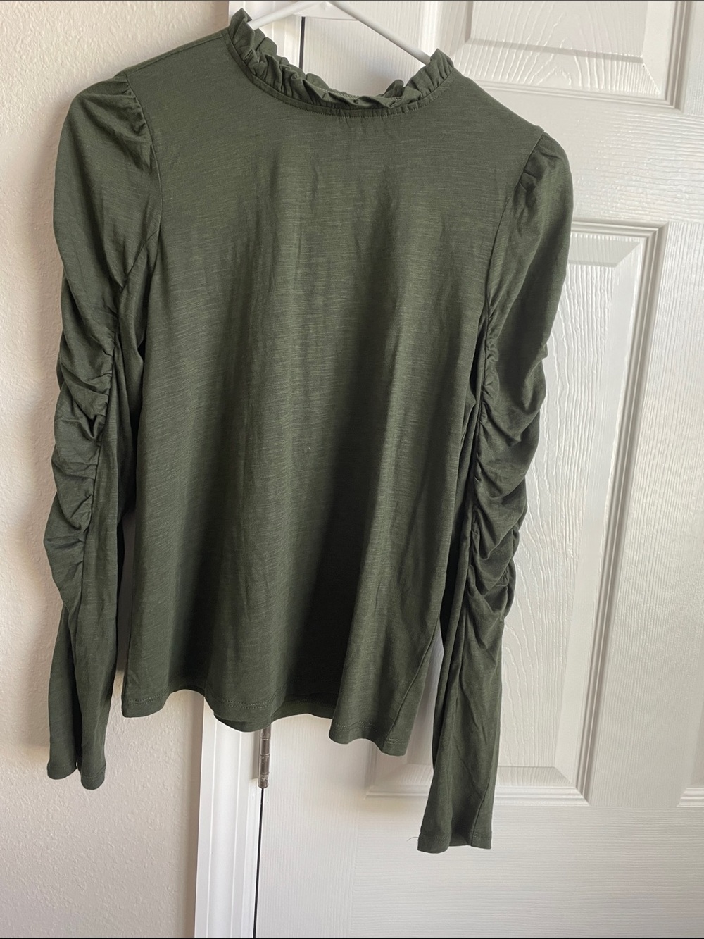 Anthropologie Maeve Olive Ruffle Mock Neck Long-Sleeve Top